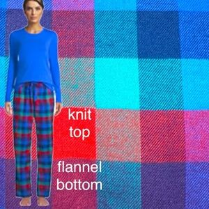 LANDSEND WOMENS **TALL** PJ SET Knit Tee Shirt Top & Cotton Flannel Pants
